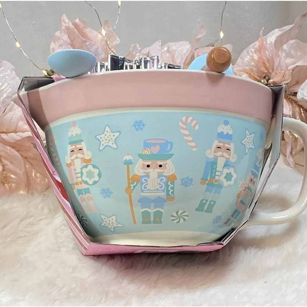 Pastel Pink Blue Nutcracker Mixing Bowl w Rolling Pin Spoon & Cookie Cutters NEW
